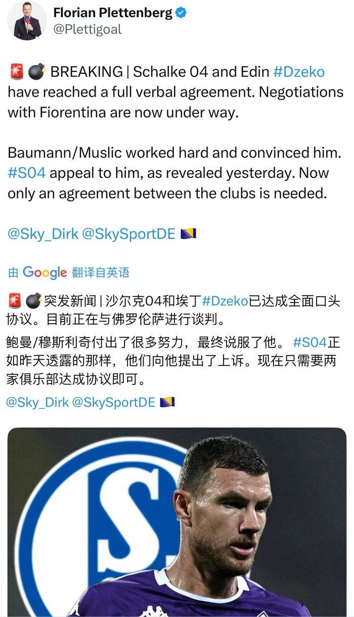 乐鱼体育登陆-沙尔克与哲科达成协议，穆斯里奇鲍曼促成转会|波黑|沙尔克04|佛罗伦萨|穆斯利奇|主帅_新浪体育_新浪新闻